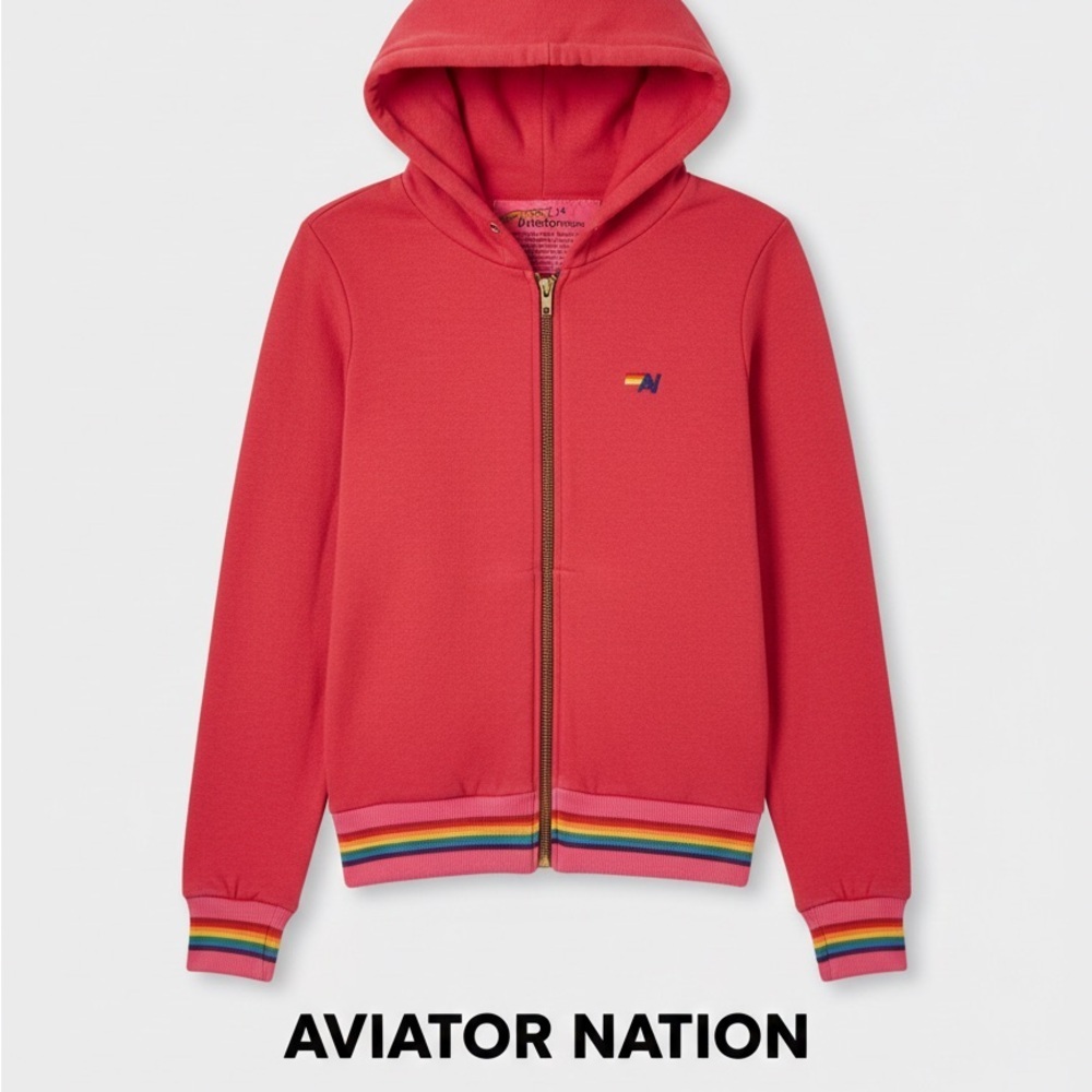 Aviator Nation Kids Vibrant Rainbow Rib Red Zip-Up Hoodie - size 14 🌈